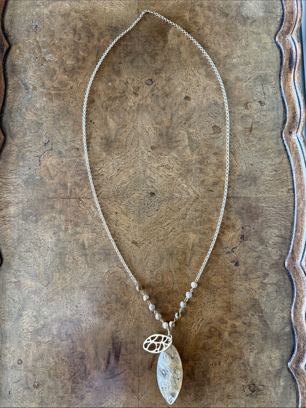 Gold Tone Leaf Pendant Necklace with Marbled Stone